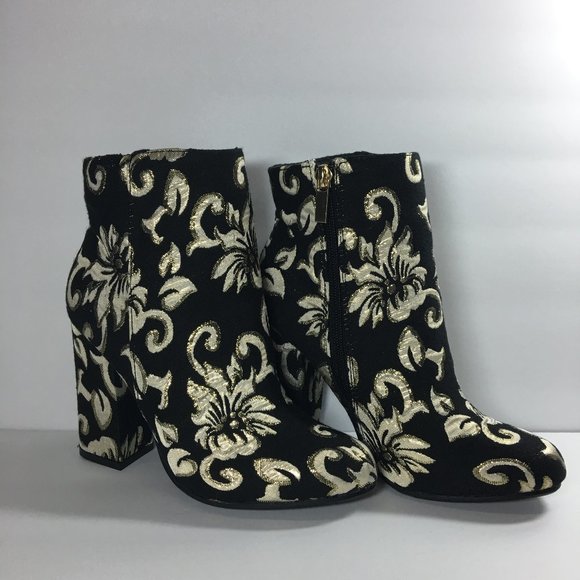BAMBOO Namaste-05M Black & Gold Floral Women's Ankle Bootie Boots Size 6.5 - Picture 1 of 7